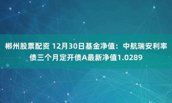 郴州股票配资 12月30日基金净值：中航瑞安利率债三个月定开债A最新净值1.0289